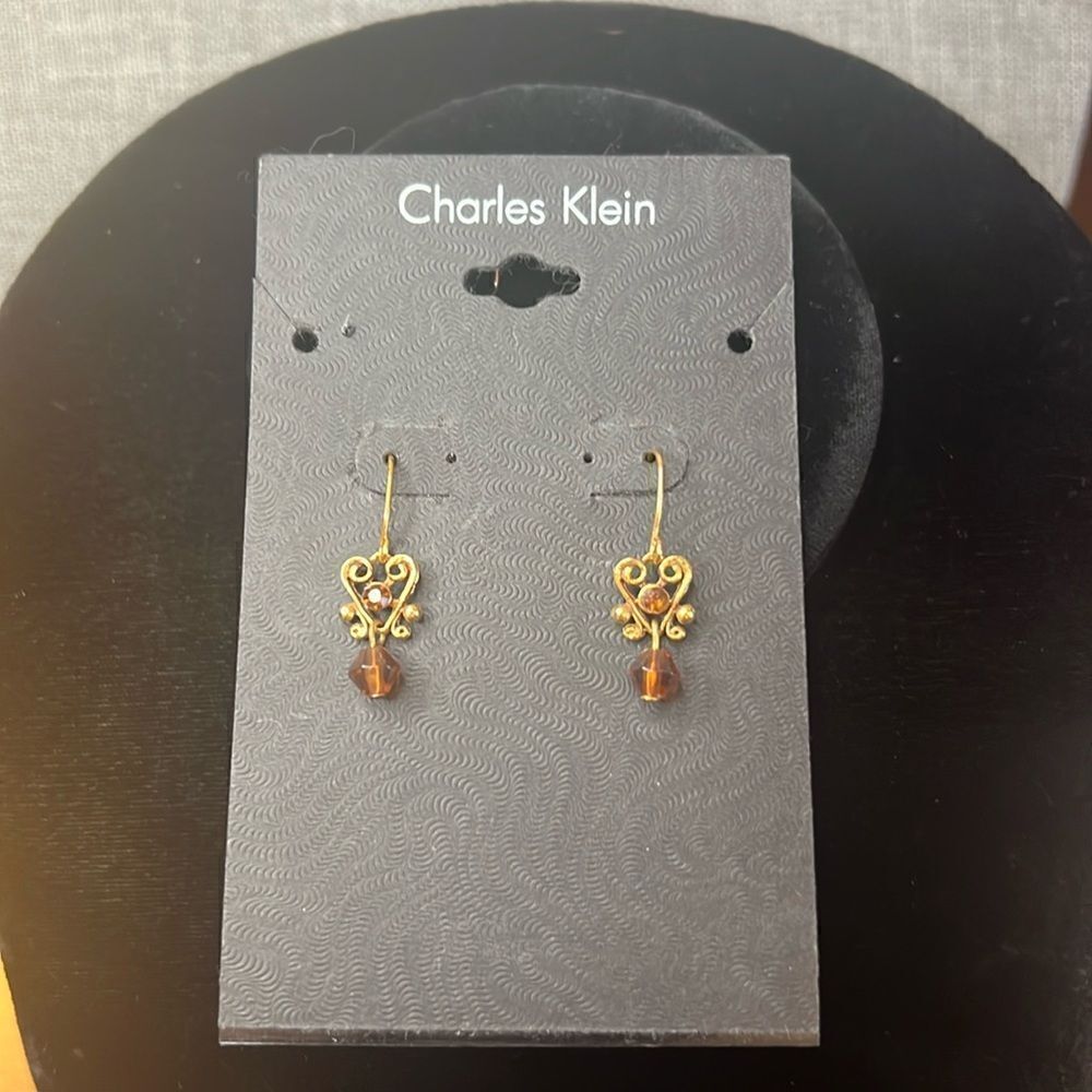 New Charles Klein Heart Shaped Gold Tone and Topaz Dangle Earrings